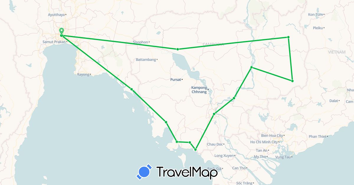 TravelMap itinerary: driving, bus in Cambodia, Thailand (Asia)